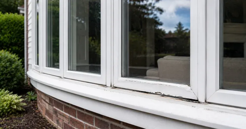 technician inspecting bow window frame and seal for damage in Halton Hills
