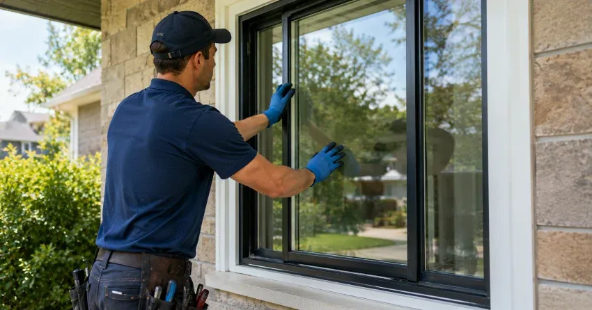 technician measuring a broken window pane for replacement in Georgetown, Halton Hills