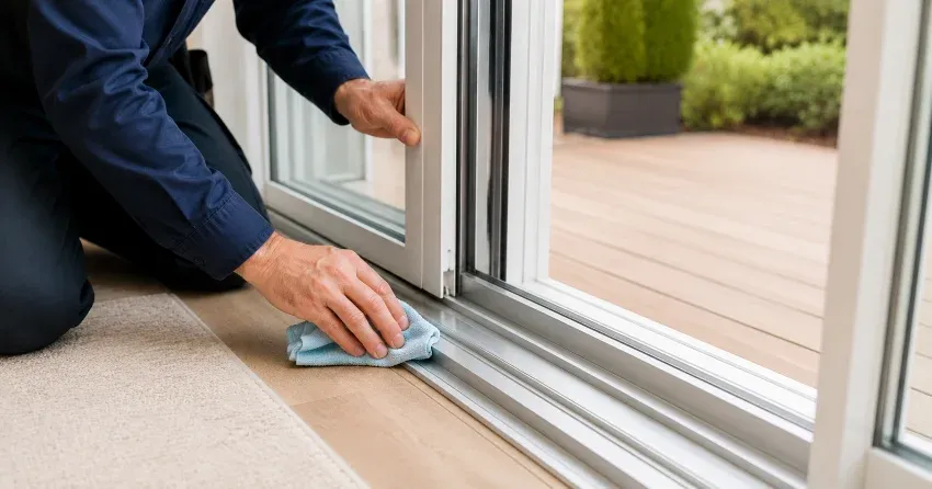 technician inspecting a sliding patio door track in Limehouse, Halton Hills
