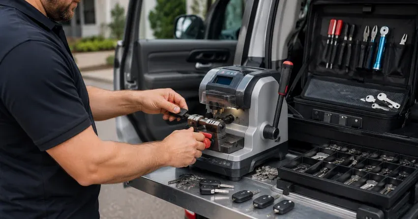 technician cutting a replacement car door lock key in Georgetown, Halton Hills