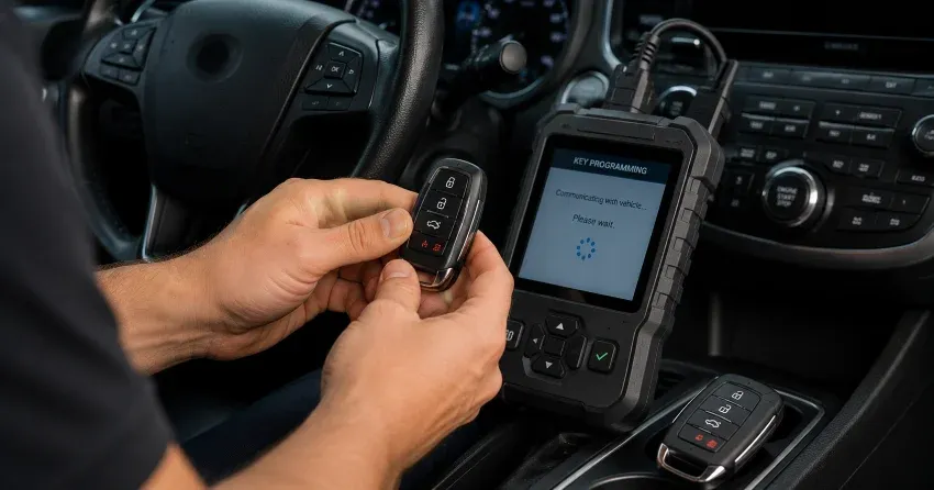 technician inspecting a worn car key before replacement in Halton Hills