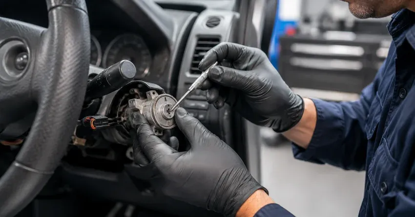 technician diagnosing an ignition lock repair issue in Georgetown, Halton Hills