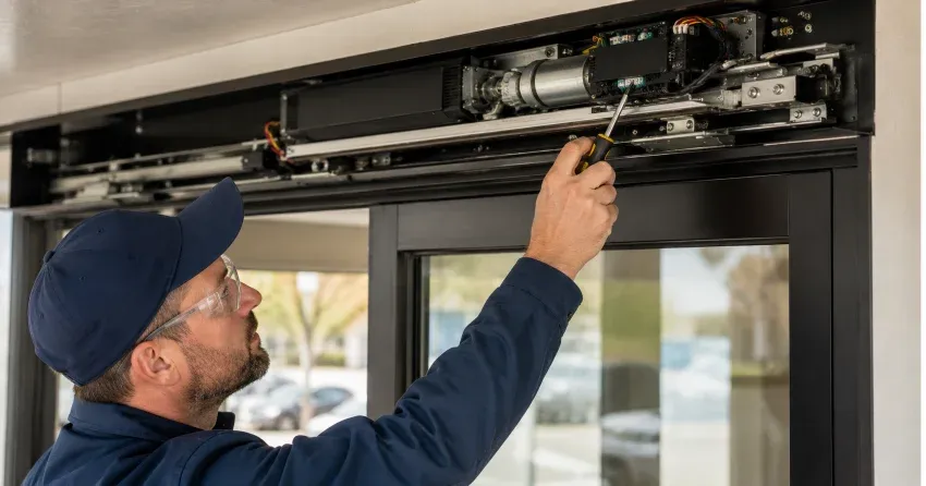 technician completing automatic door repair on residential property in Speyside, Halton Hills