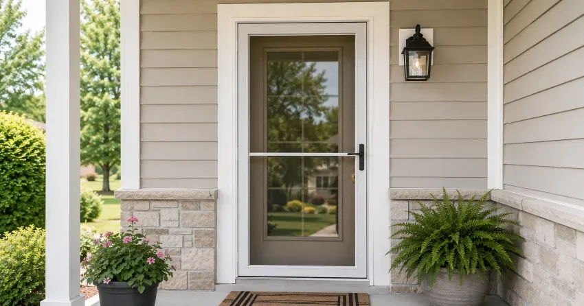 technician hanging storm door square and plumb in Crewsons Corners, Halton Hills