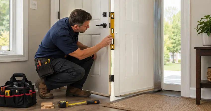 technician diagnosing a misaligned door frame in Georgetown, Halton Hills