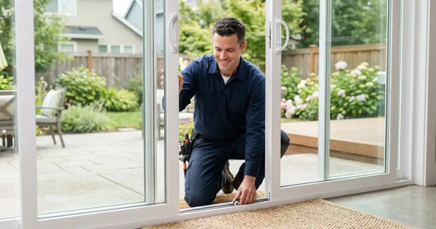 technician diagnosing a sticking patio door in Georgetown, Halton Hills
