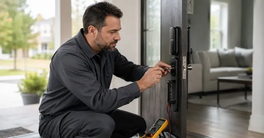 technician diagnosing automatic door lock mechanism on residential door in Crewsons Corners, Halton Hills