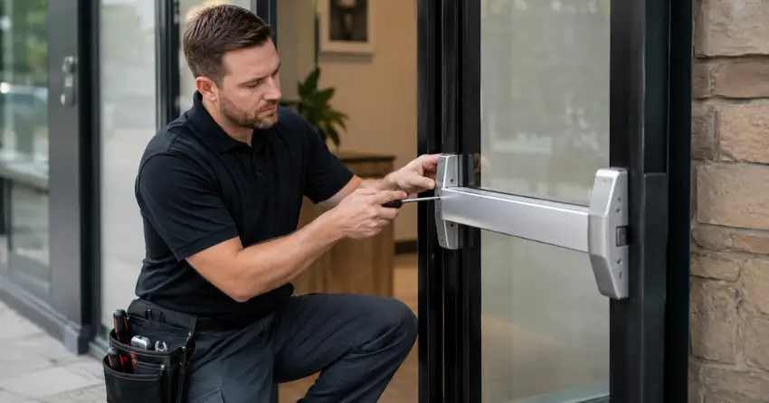 commercial locksmith repairing exit device on storefront door Halton Hills