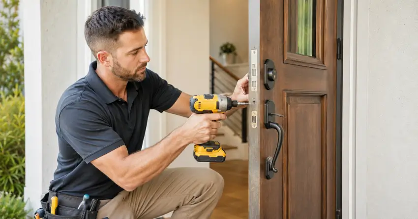 locksmith installing new deadbolt lock on front door in Crewsons Corners, Halton Hills