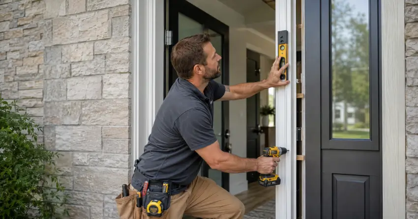 technician installing a new exterior door frame in Halton Hills