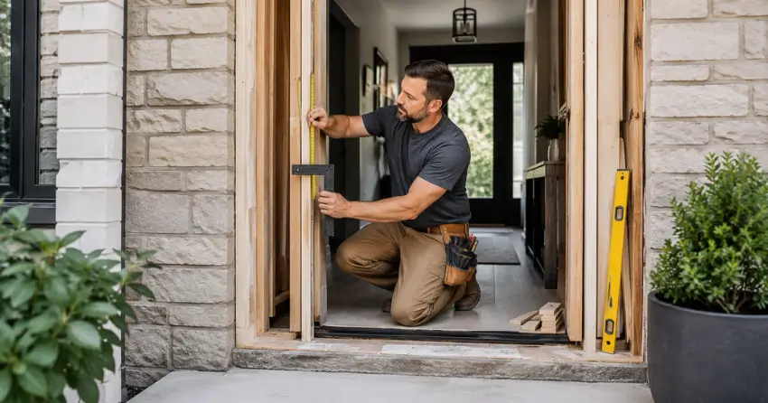 exterior door installer assessing rough opening in Acton, Halton Hills