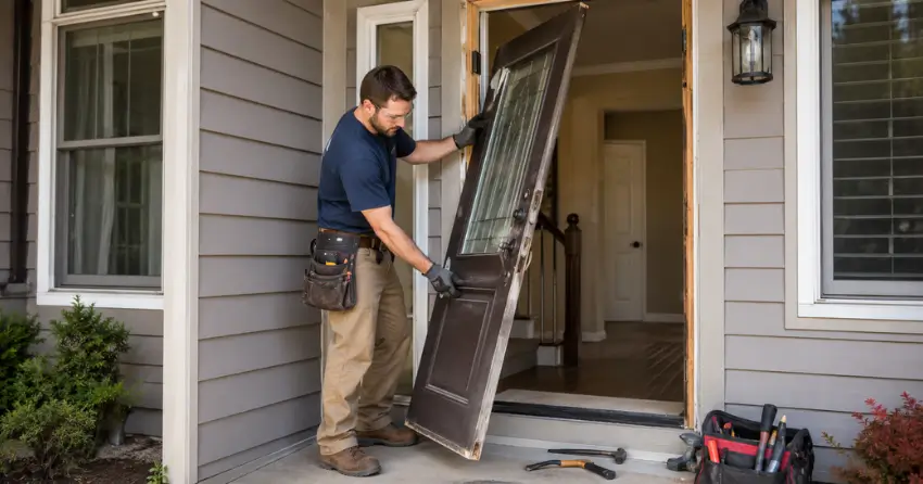 old exterior door being removed for replacement in Crewsons Corners, Halton Hills