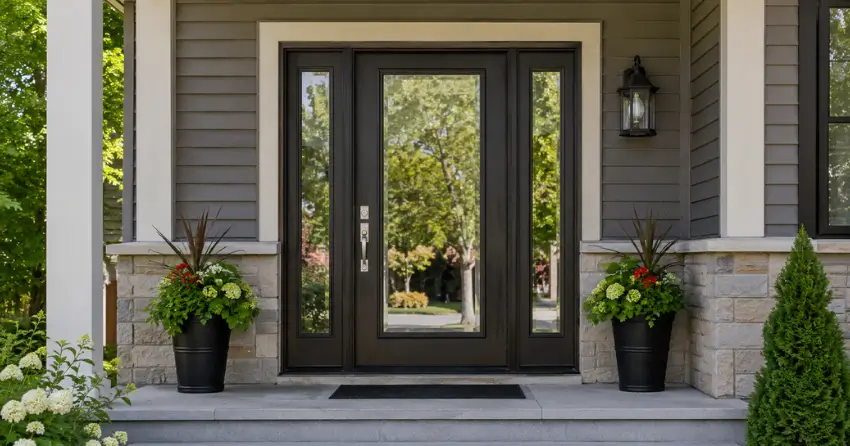 glass entry door with sidelights on a home in Acton, Halton Hills