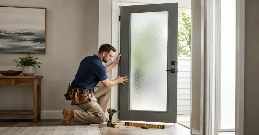 glass panel door installation with frosted privacy glass in residential setting in Georgetown, Halton Hills