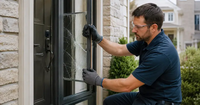 technician removing cracked storm door glass panel in Georgetown, Halton Hills