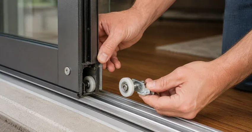 sliding door alignment Crewsons Corners, Halton Hills technician adjusting roller track