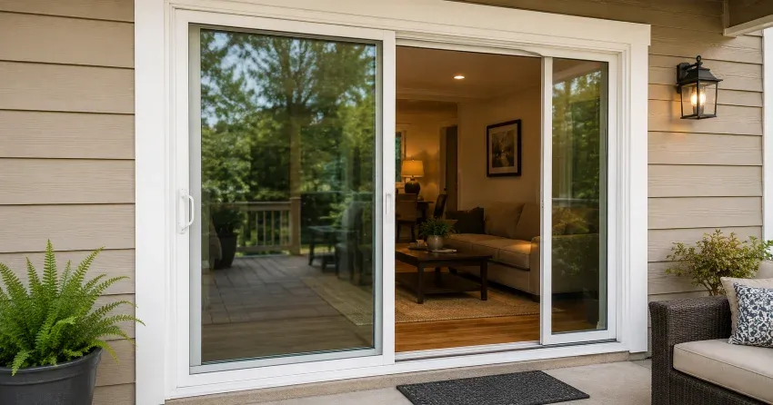 Patio Door Installation technician setting a new frame in Acton, Halton Hills