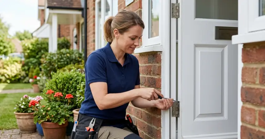 technician repairing exterior door hinge and frame in Limehouse, Halton Hills