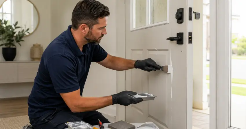 technician repairing fiberglass door surface crack in Halton Hills