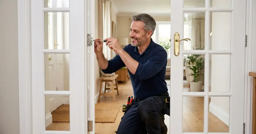 technician adjusting French door hinge for proper alignment in Georgetown, Halton Hills