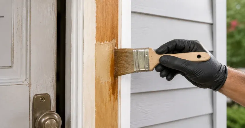 technician probing rotted wood on a door frame in Limehouse, Halton Hills