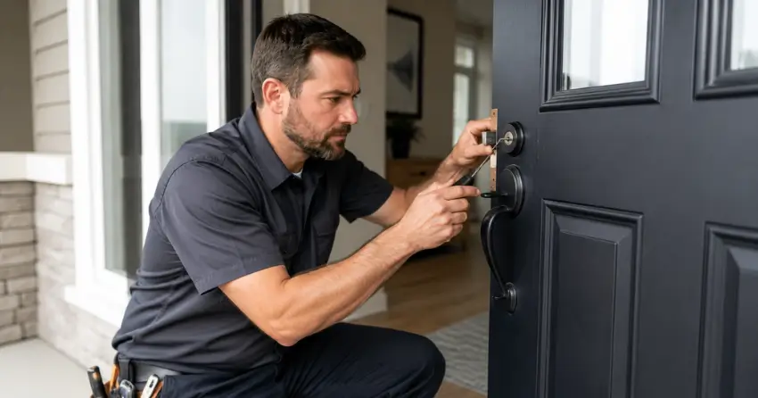 licensed locksmith technician working on residential deadbolt in Halton Hills