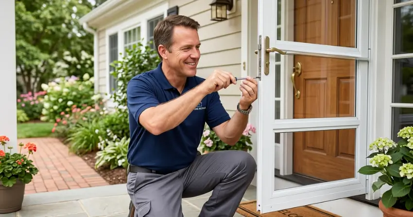 technician adjusting storm door hinge and closer in Limehouse, Halton Hills