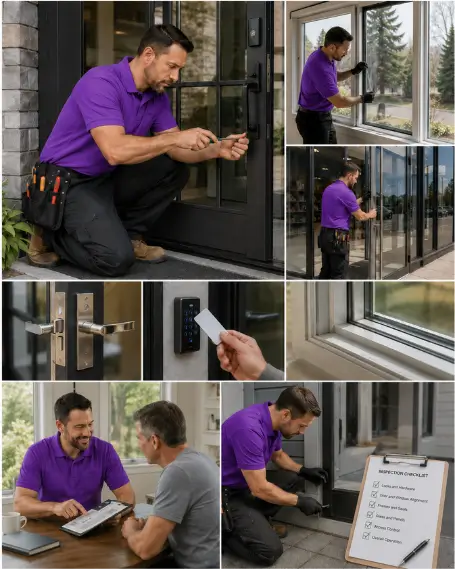 A crew carrying a new replacement window unit into a home